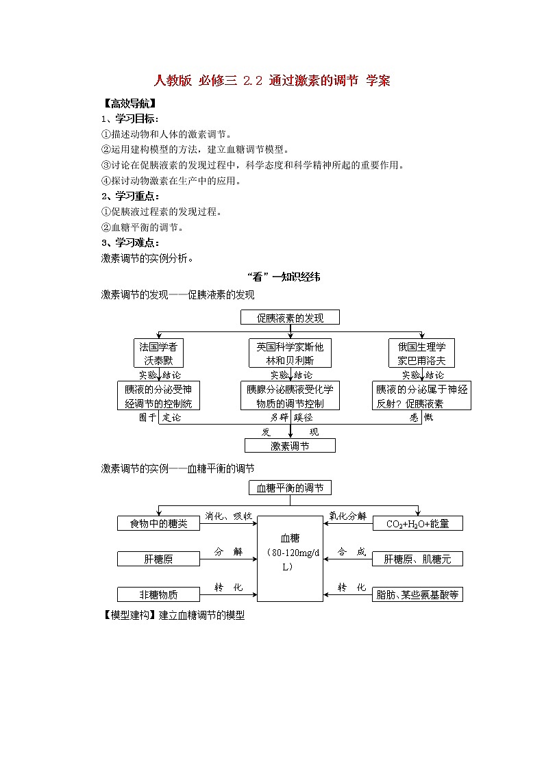 高中生物《2.2 通过激素的调节》学案 新人教版必修301