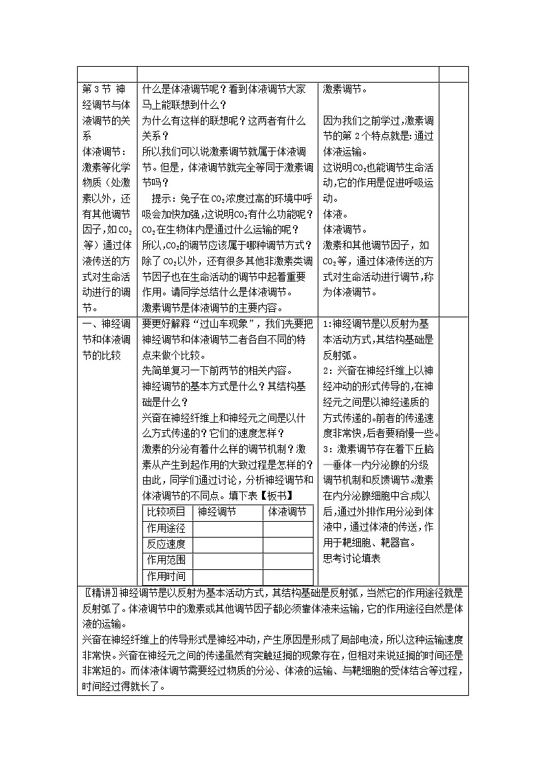 高中生物《2.3 神经调节与体液调节的关系》教学设计 新人教版必修302