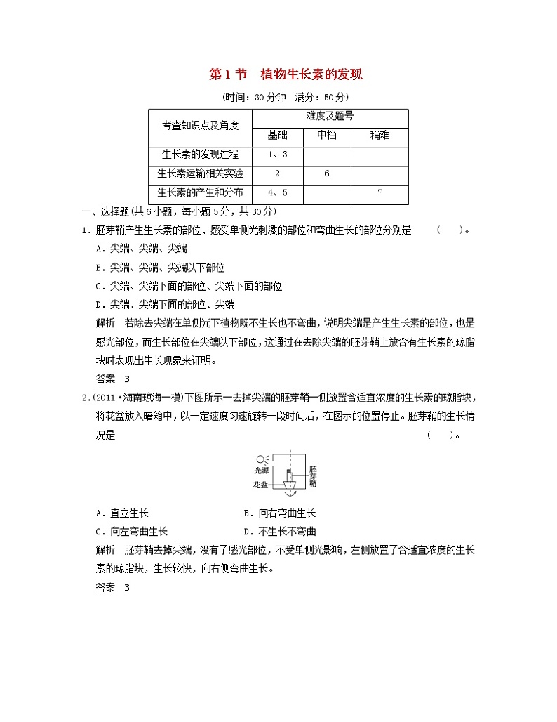 高中生物 3-1植物生长素的发现活页规范训练 新人教版必修301
