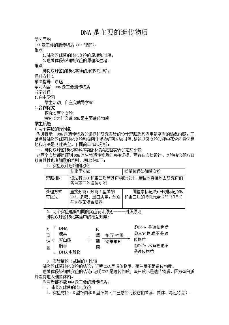 人教高中生物必修2导学案：第三章第一节 DNA是主要的遗传物质01