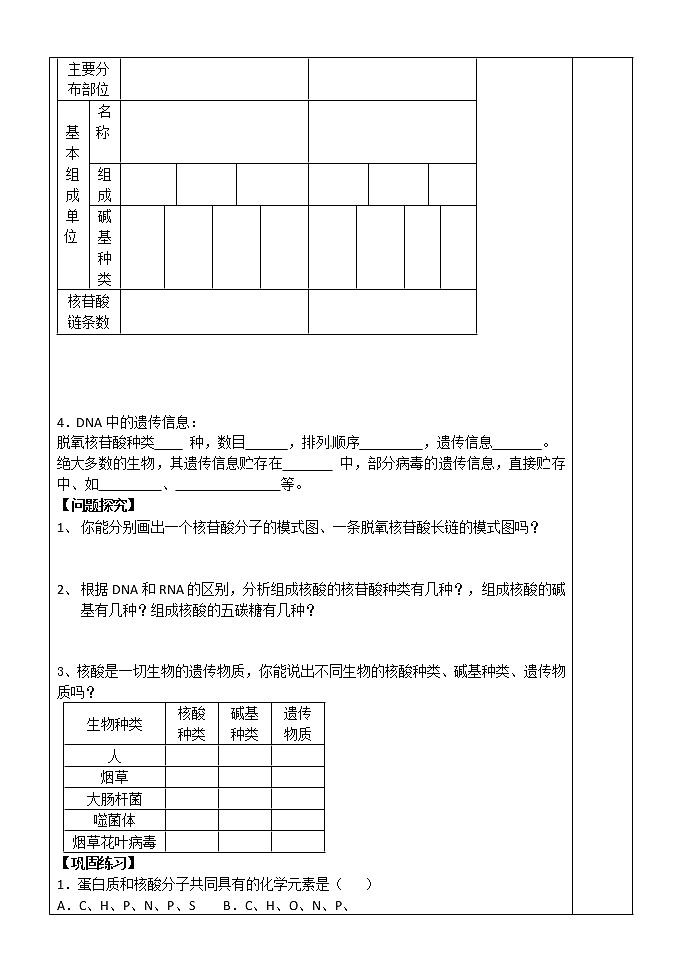 人教版高中生物必修1 第2章4节 遗传信息的携带者—— 核 酸学案02