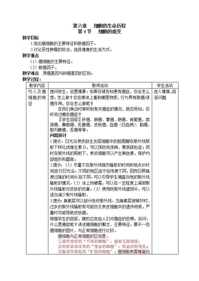 人教高中生物必修1教案： 6.4 细胞的癌变 101