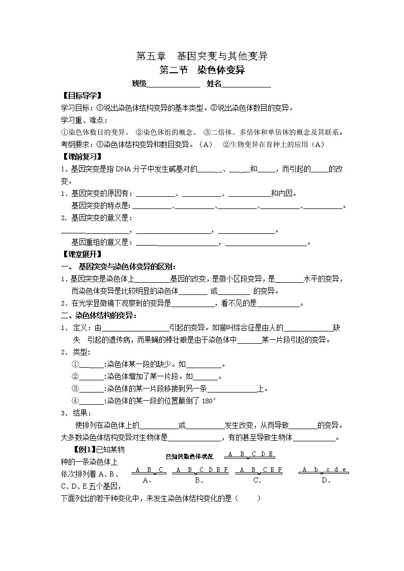 人教高中生物必修2教案：第五章第二节 染色体变异学案01