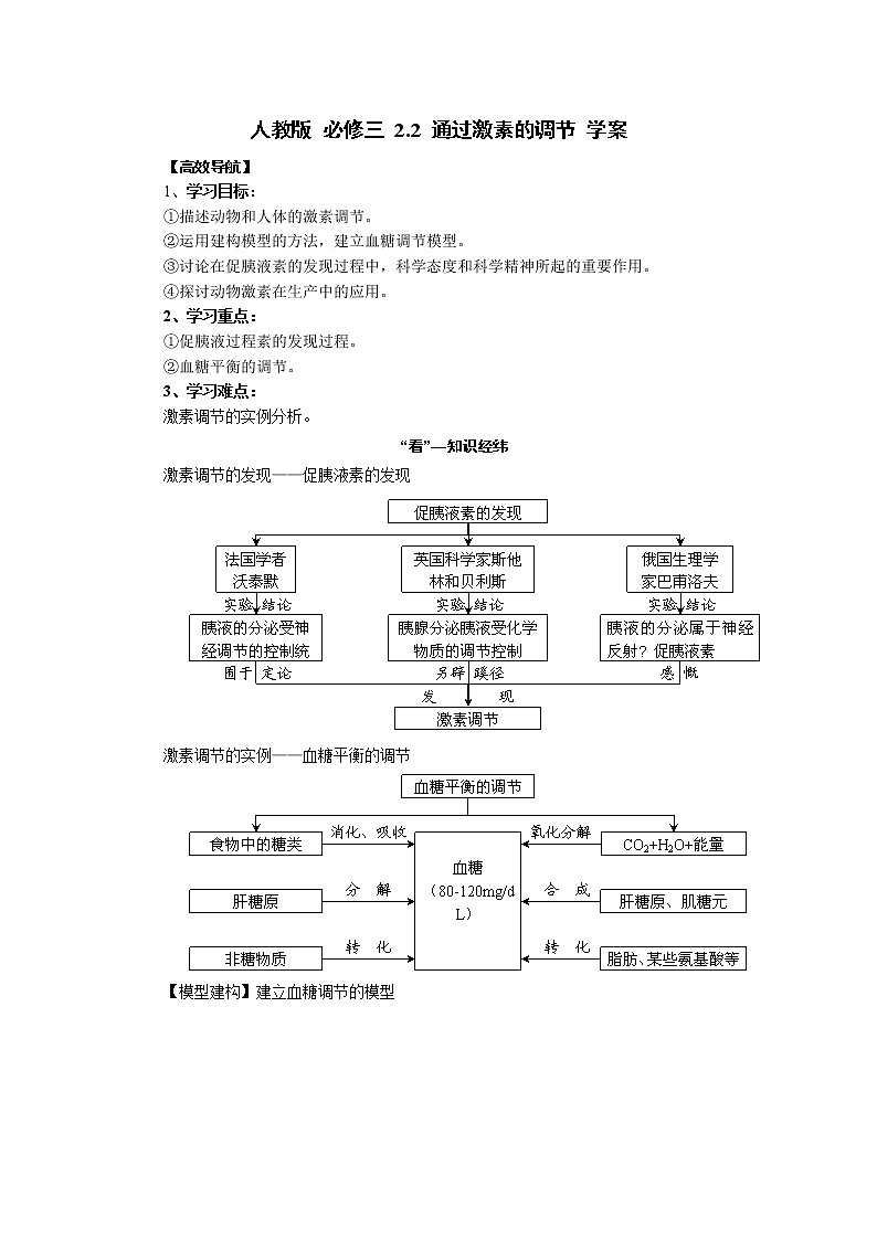高中生物精品学案：2.2 通过激素的调节01