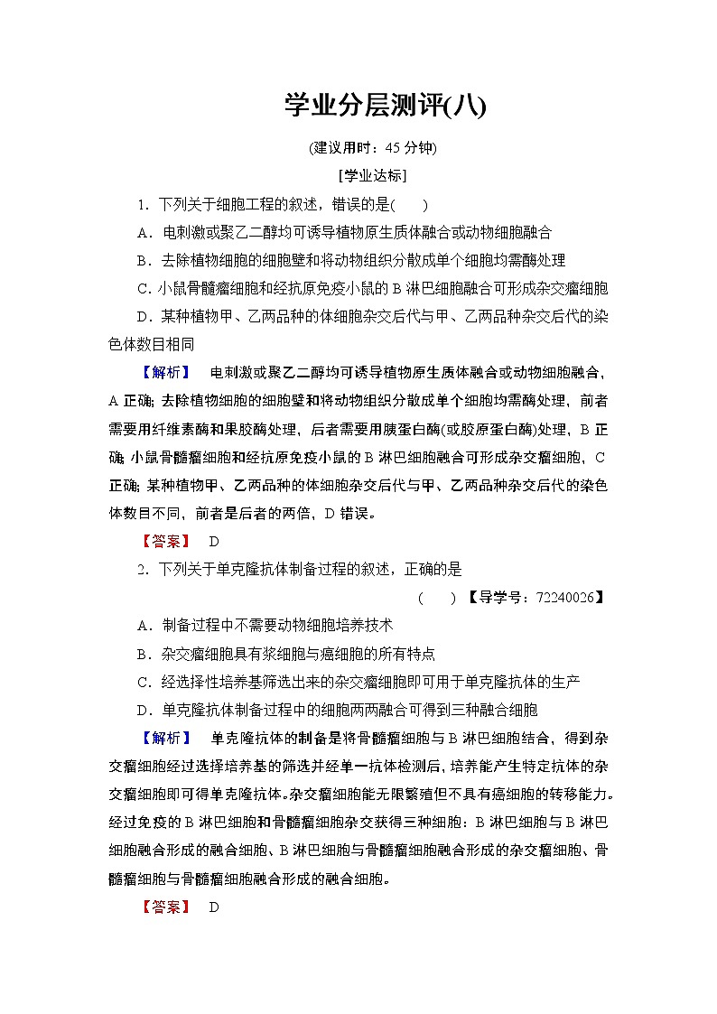 2018版高中生物（人教版）选修3同步练习题：专题2 2.2.2动物细胞融合与单克隆抗体 学业分层测评801