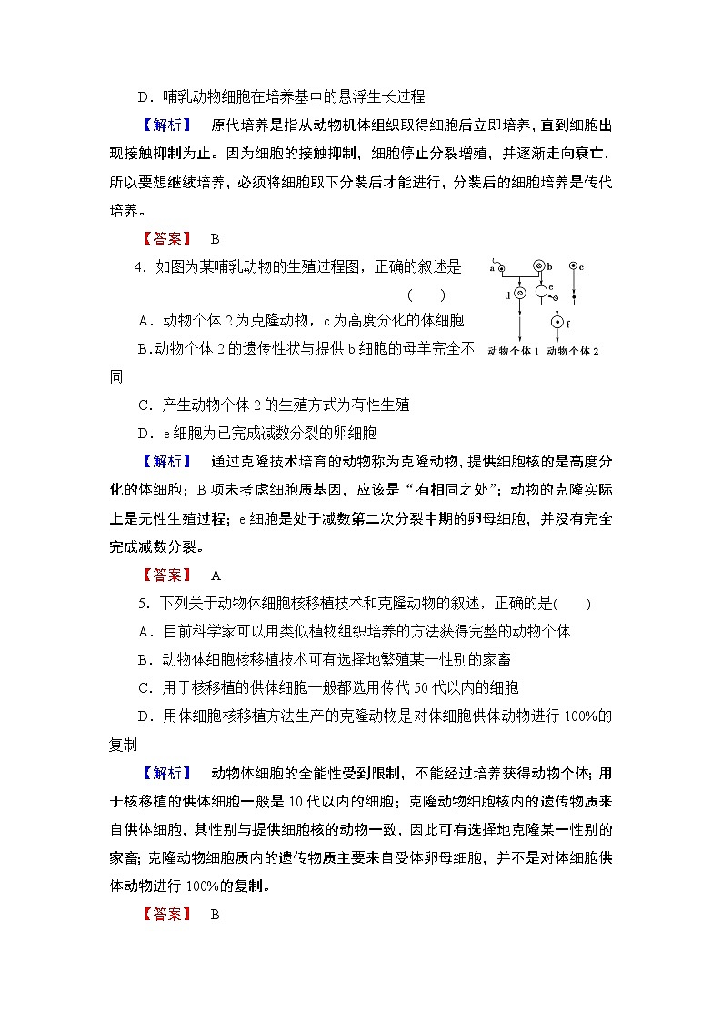 2018版高中生物（人教版）选修3同步练习题：专题2 2.2.1动物细胞培养和核移植技术 学业分层测评702