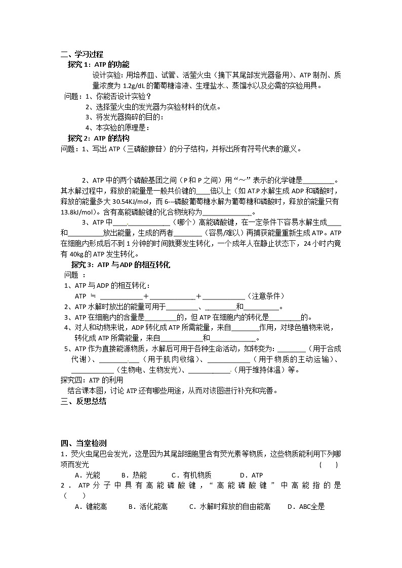人教版高中生物必修一第五章第2节《细胞的能量通货-ATP》导学案02