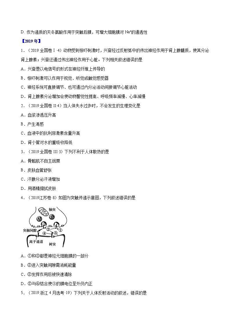 高考生物（2011~2020）真题专项练习   专题08 神经调节与体液调节 （原卷版）第3页