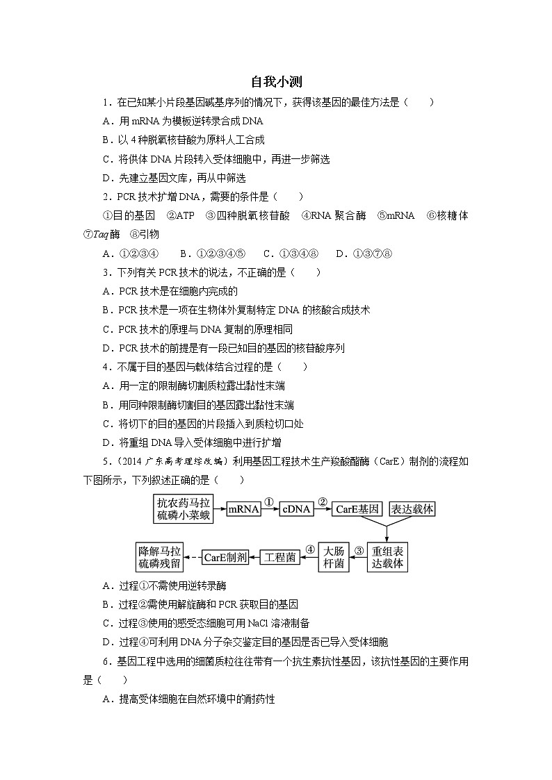 生物人教版选修3自我小测 1.2　基因工程的基本操作程序 Word版含解析01