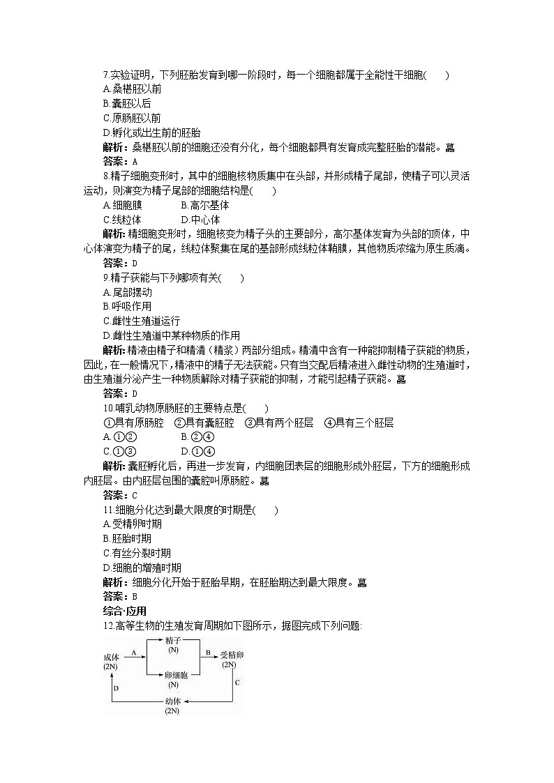 人教新课标选修3基础达标测试（含详细解析）（3.1体内受精和早期胚胎发育）02