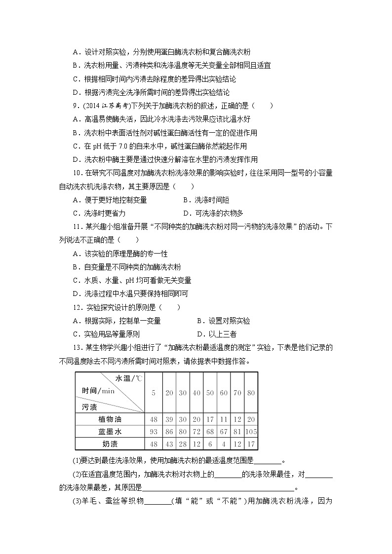 生物人教版选修1自我小测：专题4课题2　探讨加酶洗衣粉的洗涤效果 Word版含解析第2页