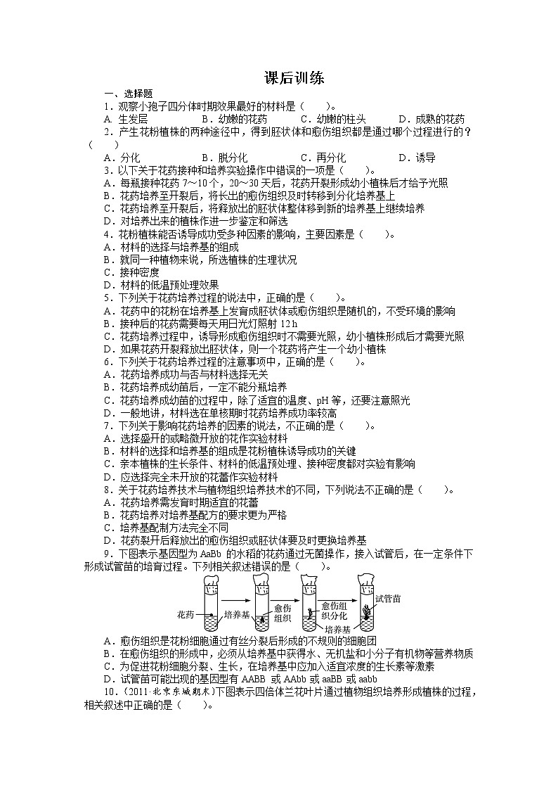 生物人教版选修1课后训练：专题3课题2月季的花药培养 Word版含解析第1页