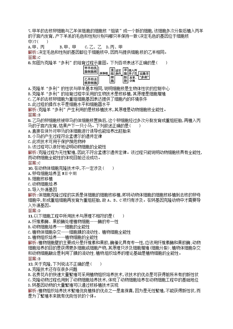 高中生物 2.2.1动物细胞培养和核移植技术课后习题 新人教版选修3第2页