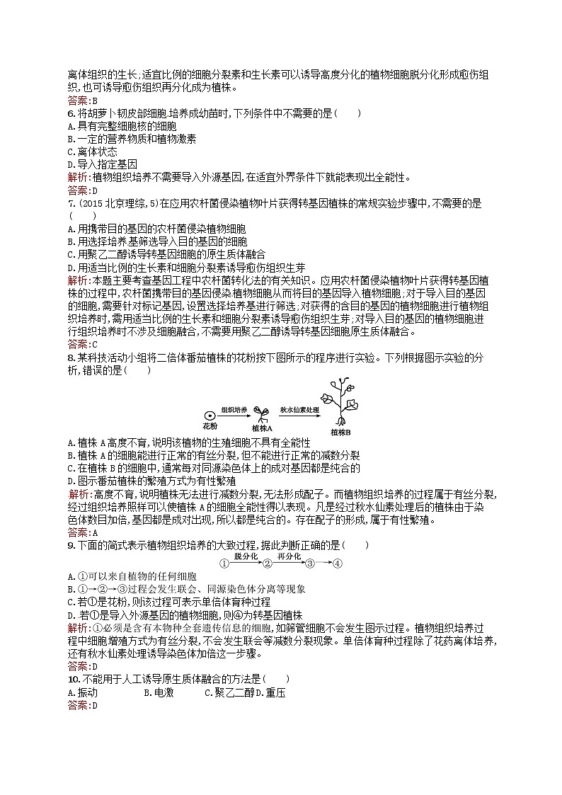 高中生物 2.1.1植物细胞工程的基本技术课后习题 新人教版选修302