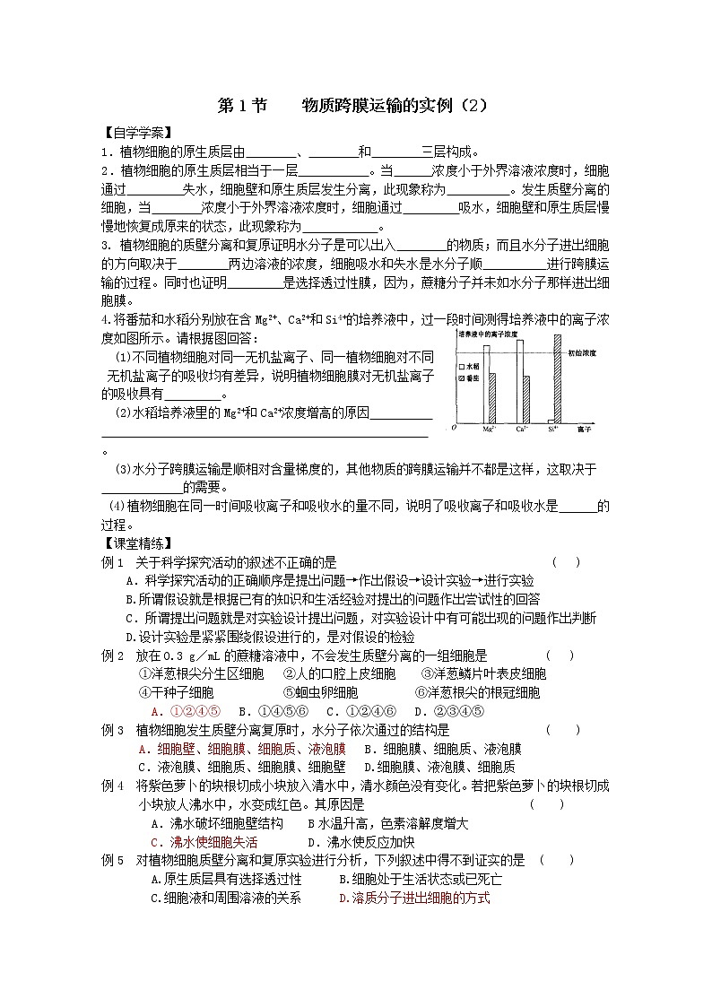 生物同步学案：4.1《物质跨膜运输的实例》（2）（新人教版必修1）01