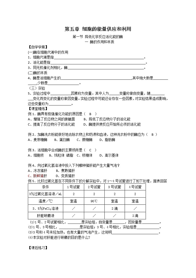 生物同步学案：5.1《降低化学反应活化能的酶》（新人教版必修1）01