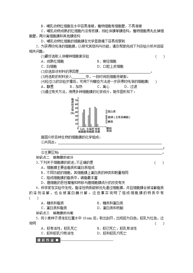 生物人教版必修1对点训练：3.1 细胞膜——系统的边界 word版含解析02