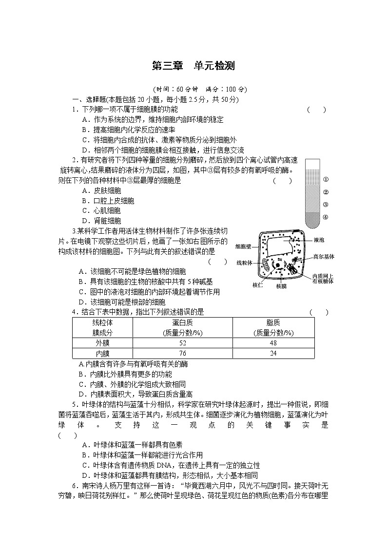 生物人教版必修1：第三章 单元检测 word版含解析第1页