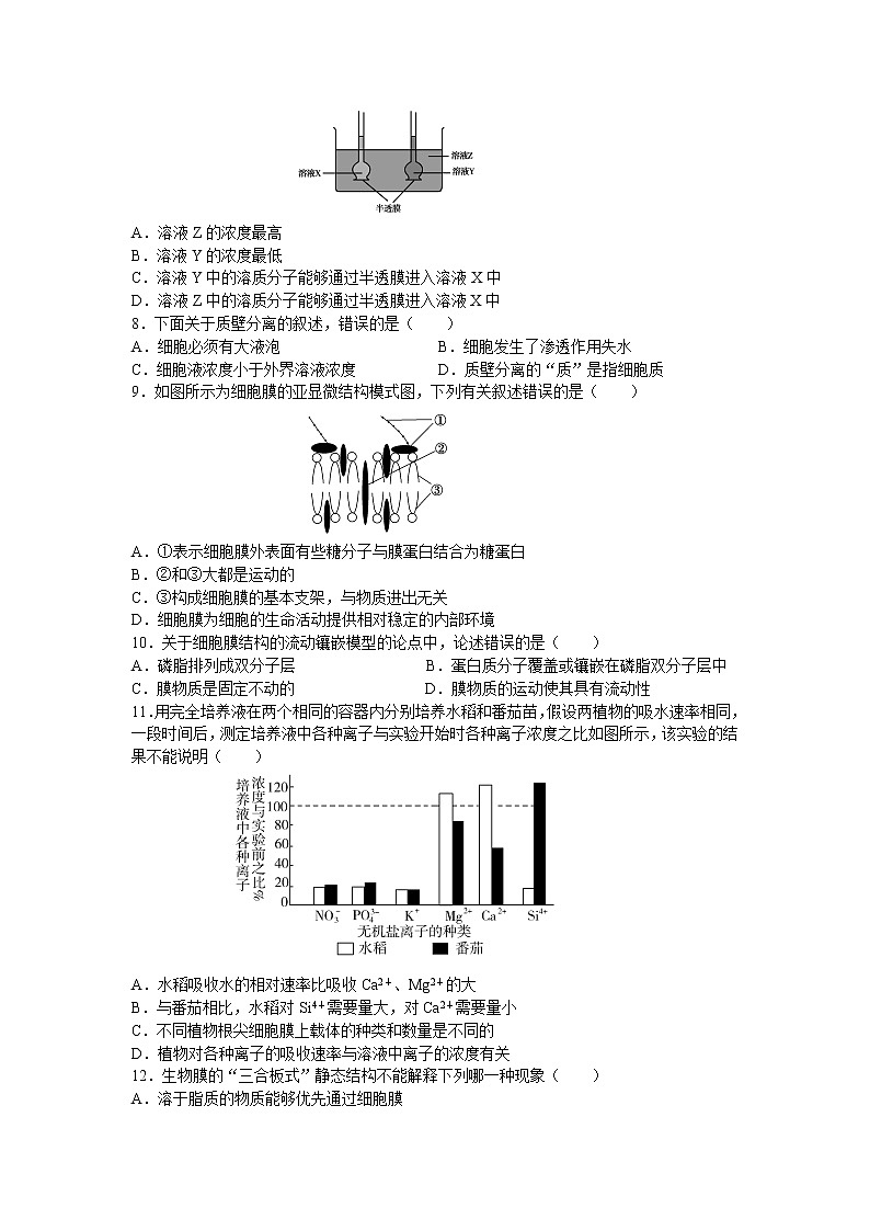 新人教版高中生物必修一《物质跨膜运输的实例及生物膜的流动镶嵌模型》测试题02