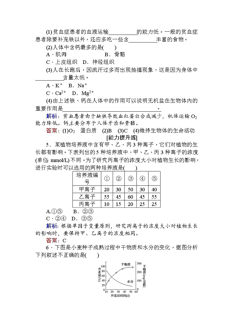 高中生物必修1（新课标）分层落实训练：2.5细胞中的无机物+Word版含解析02