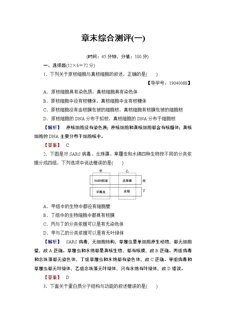 高中生物（人教版）必修1同步练习题：必修1 第2章 章末综合测评101