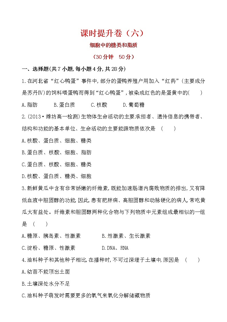 新人教版高中生物必修一课时提升卷(六)  第2章  第4节第1页