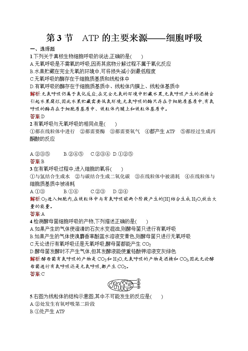 生物人教版必修1练习：5.3 atp的主要来源——细胞呼吸 word版含解析01