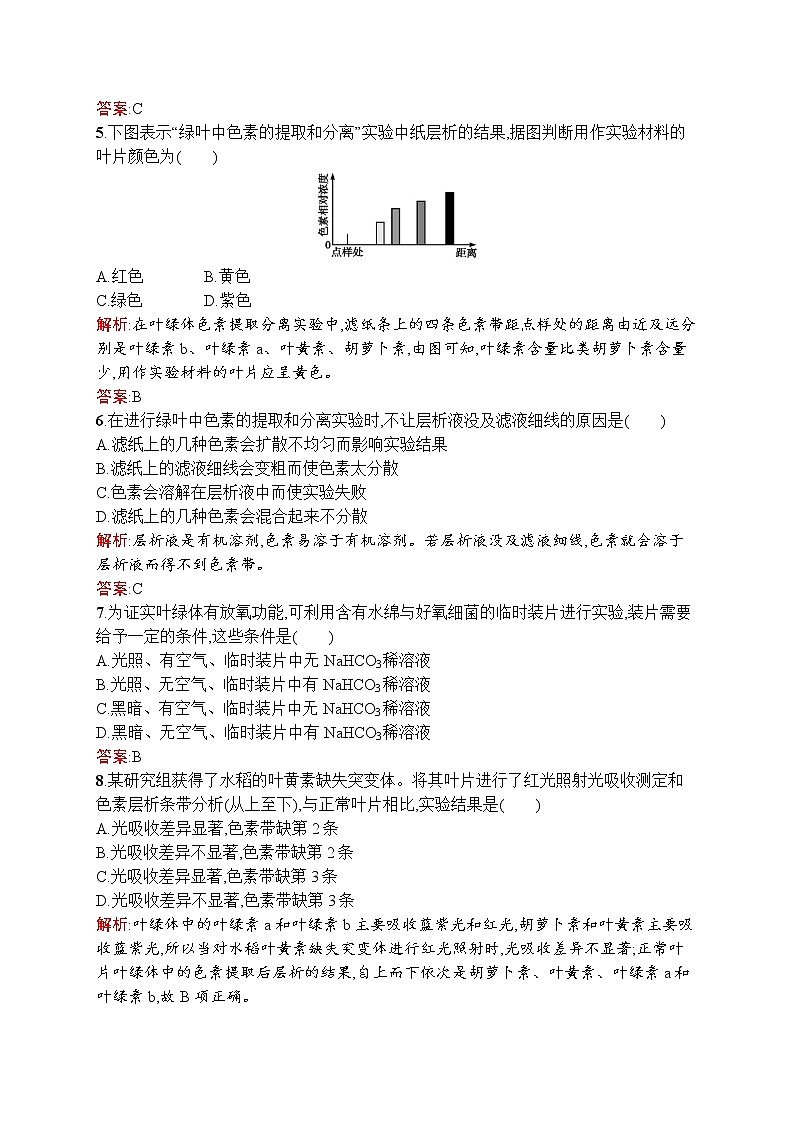 生物人教版必修1练习：5.4.1 捕获光能的色素和结构 word版含解析02