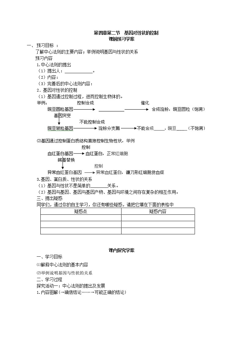 人教版（新课标）高中生物必修二第四章第2节《基因对性状的控制》导学案01