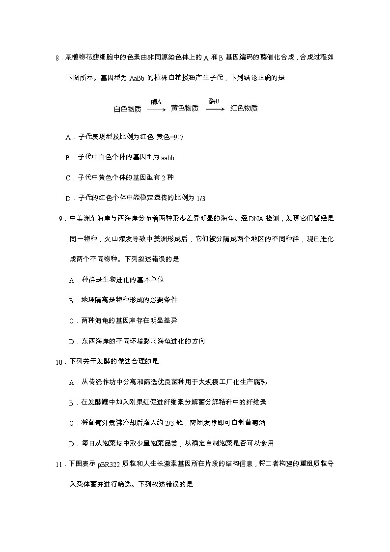 北京市石景山区2021届高三生物3月一模试题（Word版附答案）03