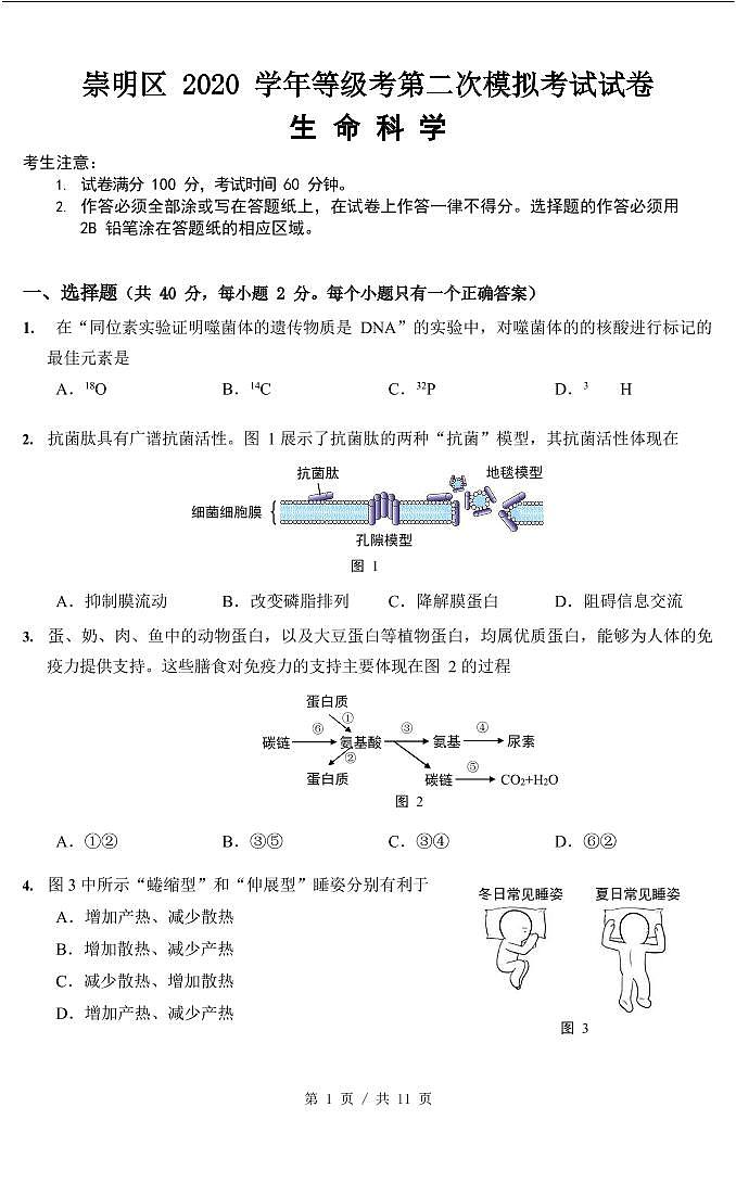 2021届崇明区高考生物二模试卷及答案第1页