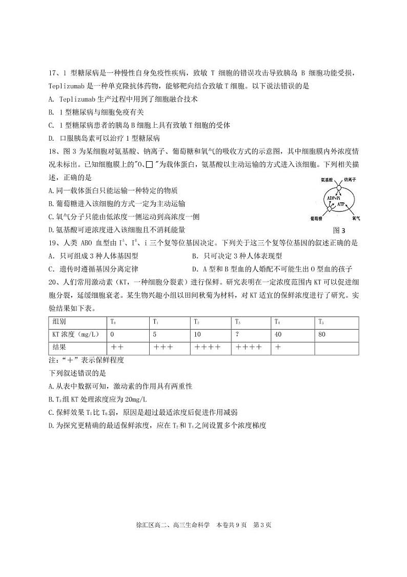 2021届徐汇区高考生物二模试卷及答案03