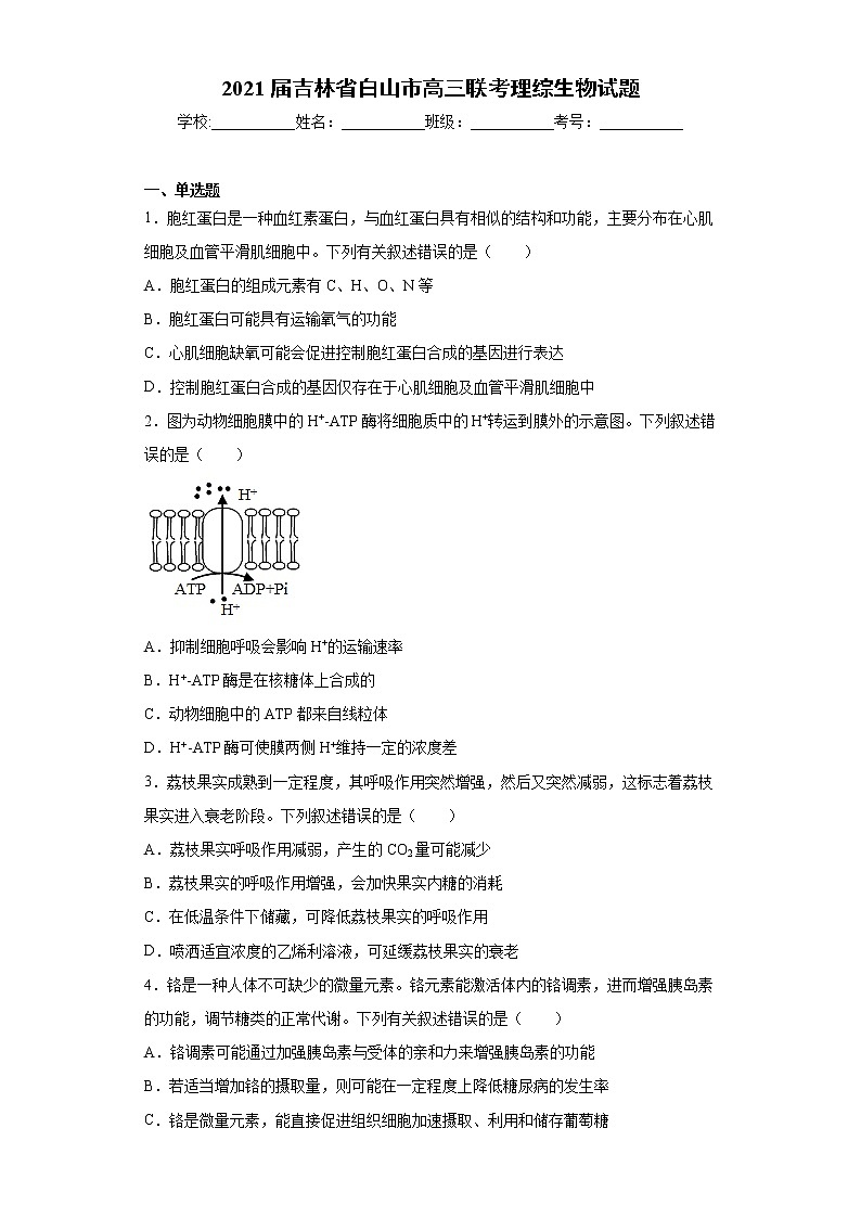 2021届吉林省白山市高三联考理综生物试题（word版 含答案）01