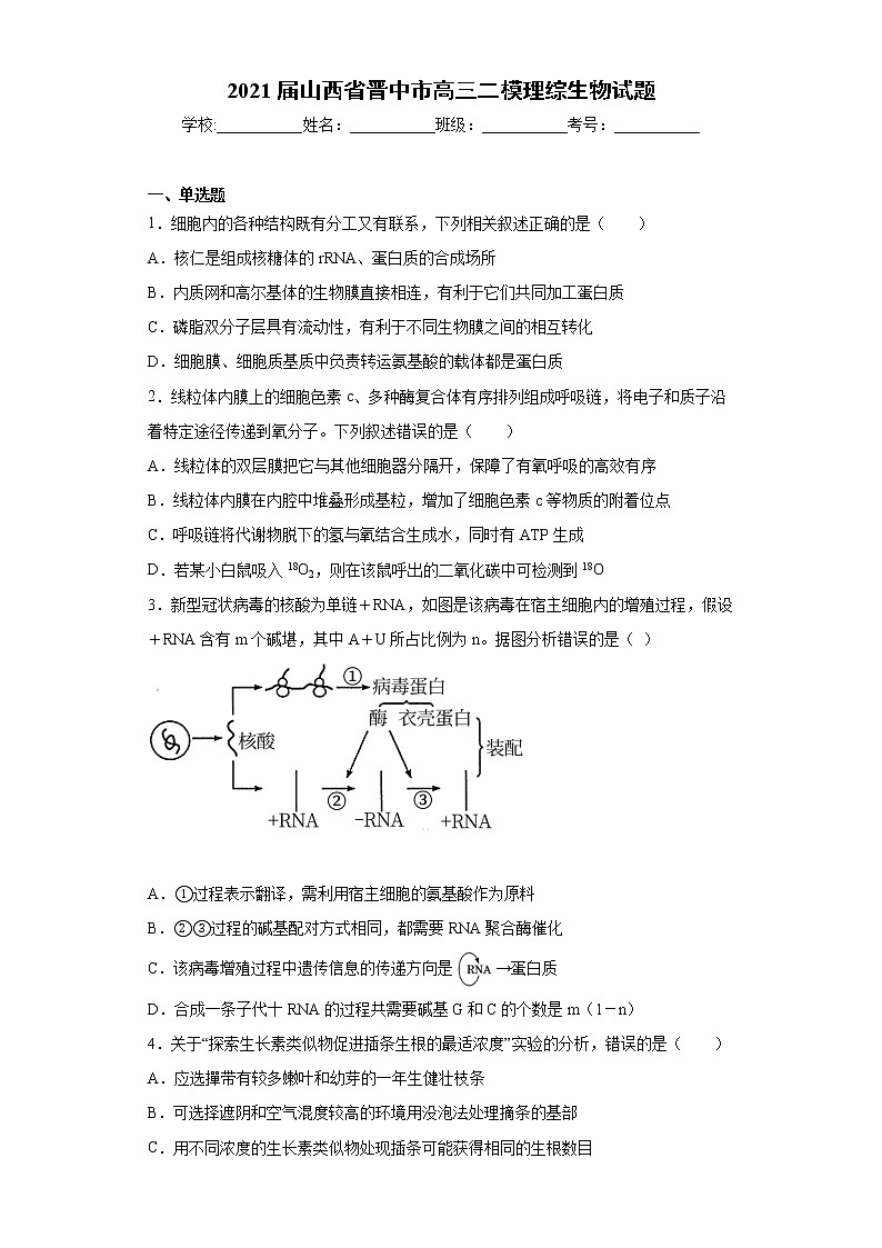 2021届山西省晋中市高三二模理综生物试题（word版 含答案）第1页