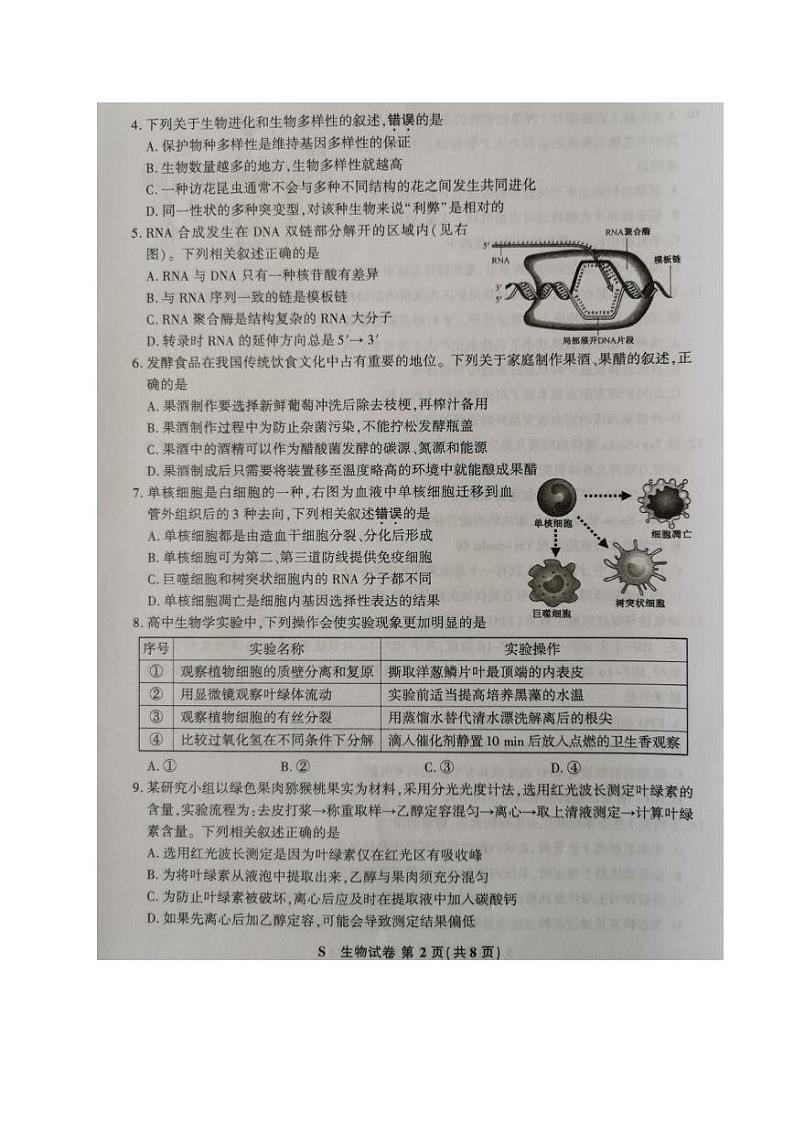 江苏省2021届高三4月第二次适应性考试生物试题（含答案  图片版）02