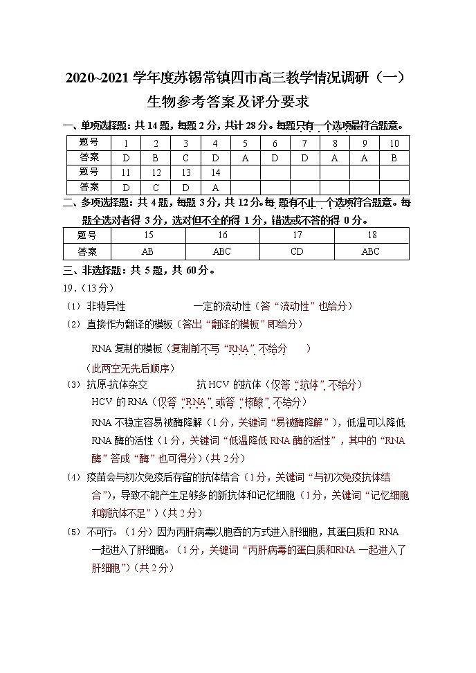 江苏省苏锡常镇四市2020-2021学年高三3月教学情况调研（一）生物试卷01