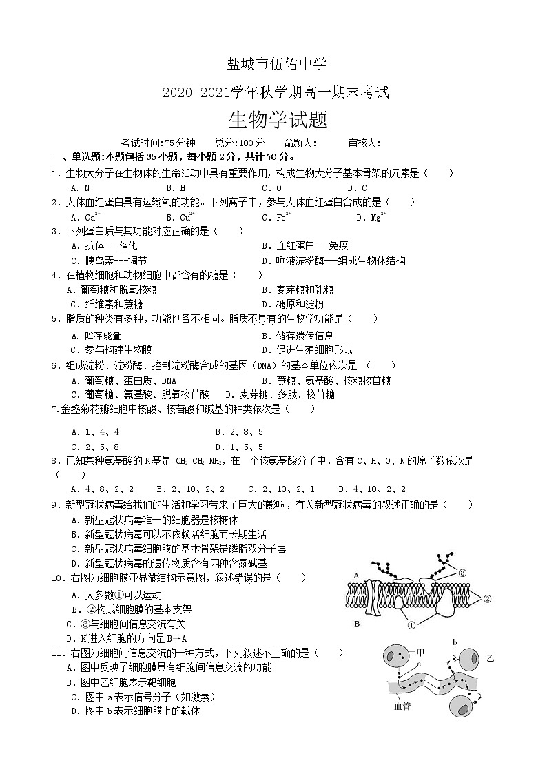 江苏省盐城市伍佑中学2020-2021学年高一上学期期末考试生物试题（word版）01