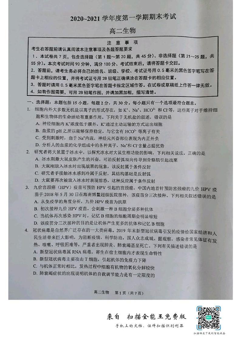 江苏省南通市如东县2020-2021学年高二上学期期末考试生物试题（图片版）01