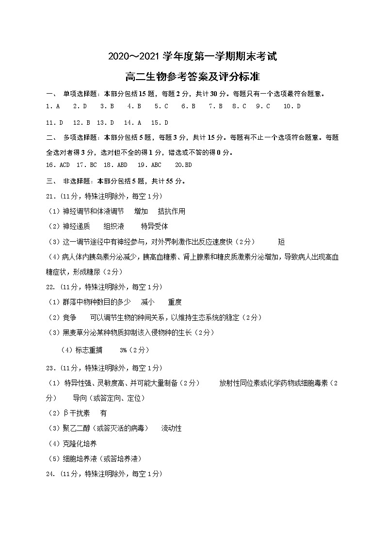 江苏省南通市如东县2020-2021学年高二上学期期末考试生物试题（图片版）01