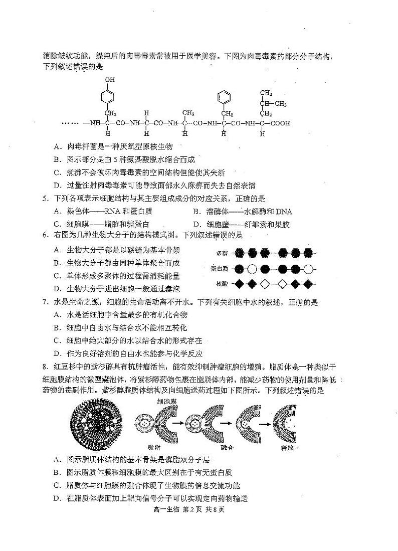 江苏省苏州市2020-2021学年高一上学期学业质量阳光指标调研生物试题（扫描版）02