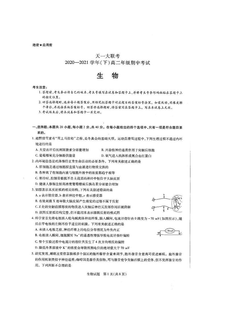 2020-2021学年河南省天一大联考高二下学期期中考试 生物试卷01