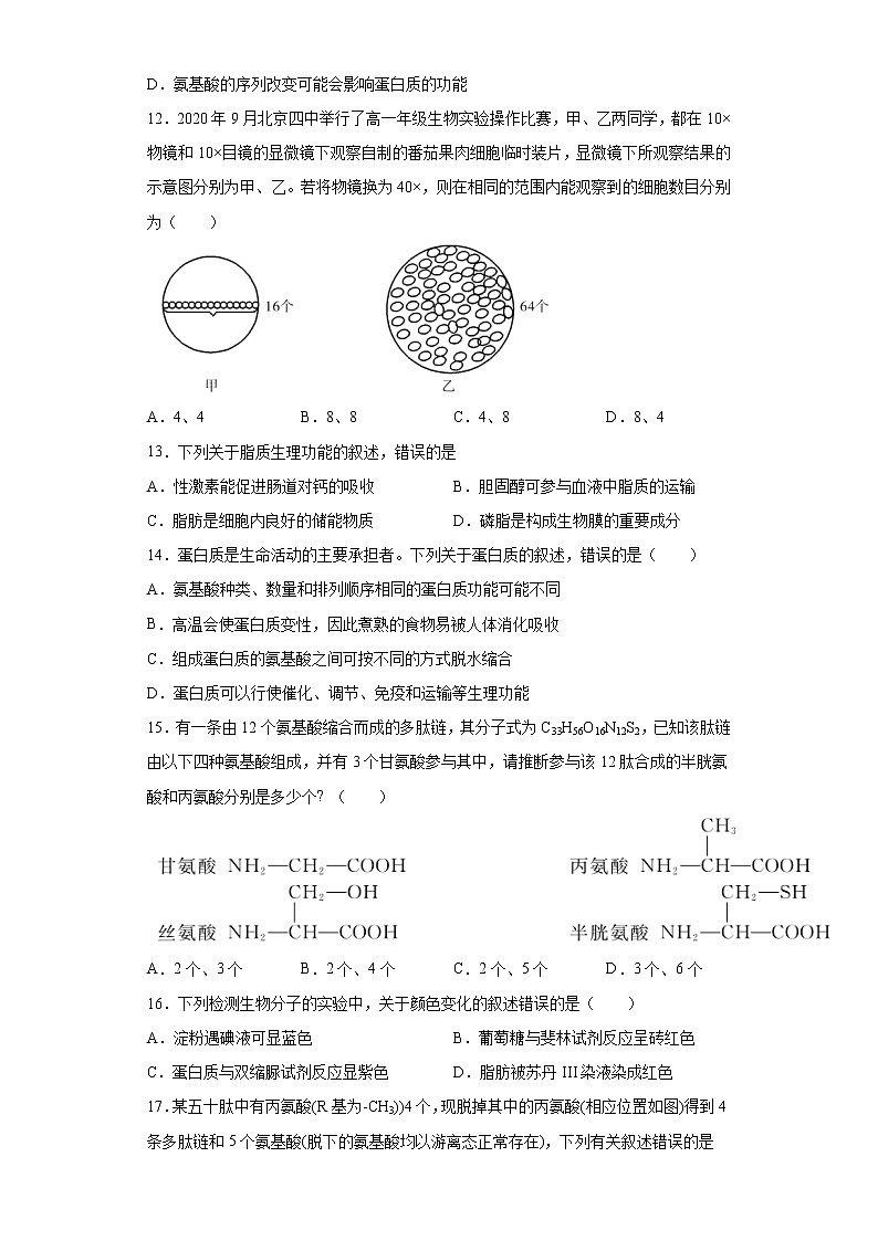 安徽省六安市2020-2021学年高一上学期期中生物试题（word版 含答案）03