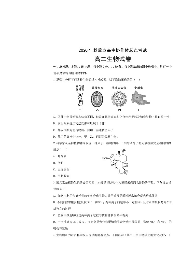 湖北省新高考联考协作体2020-2021高二生物上学期开学联考试题（Word版附答案）01