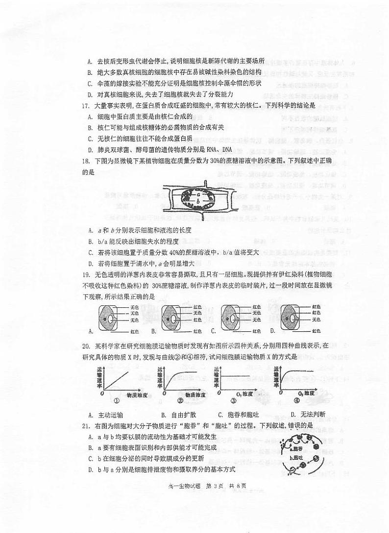 江苏省泰州中学2020-2021学年高一上学期期末考试生物试题（扫描版）第3页