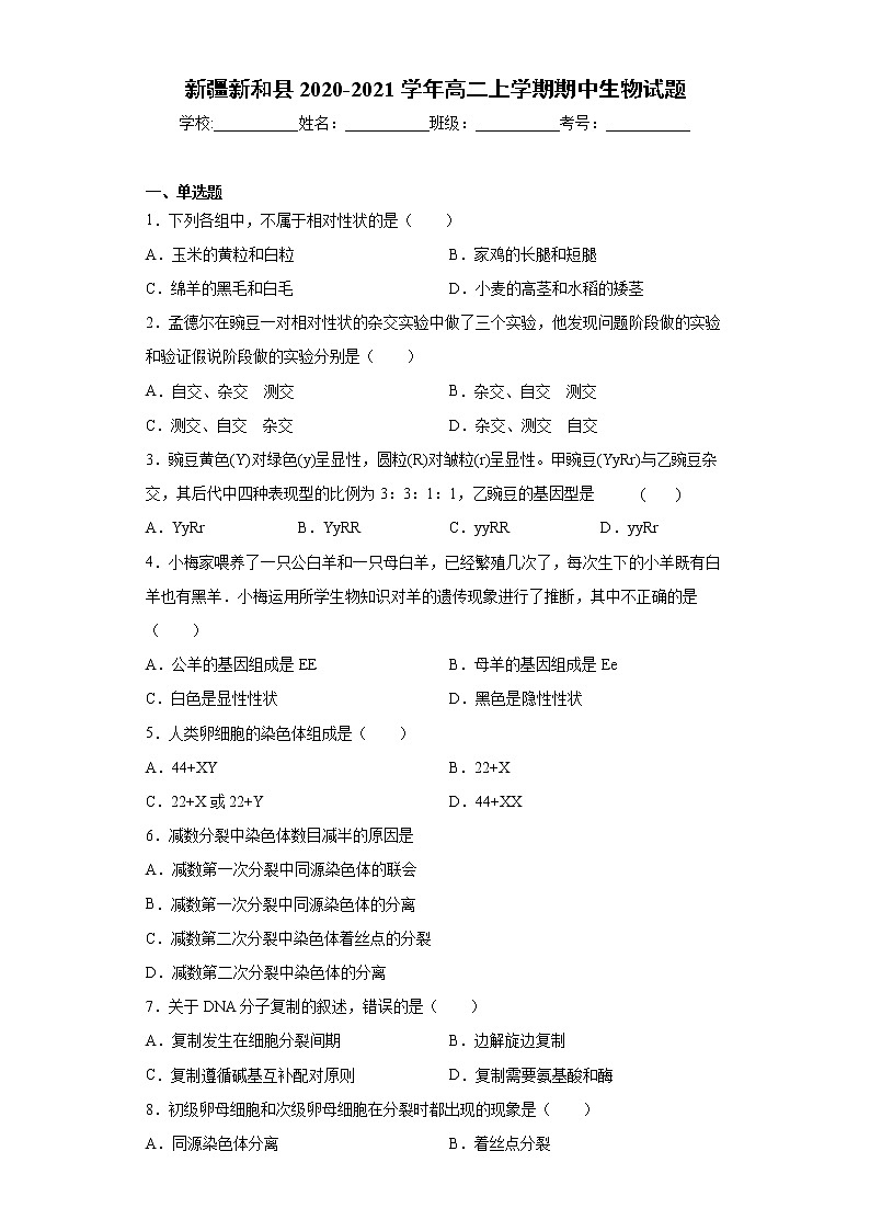新疆新和县2020-2021学年高二上学期期中生物试题（word版 含答案）01