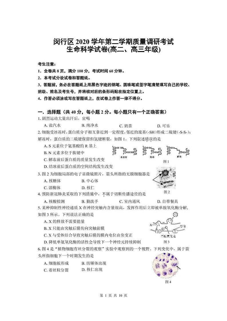上海市2021届闵行区高考生物二模试卷含答案第1页
