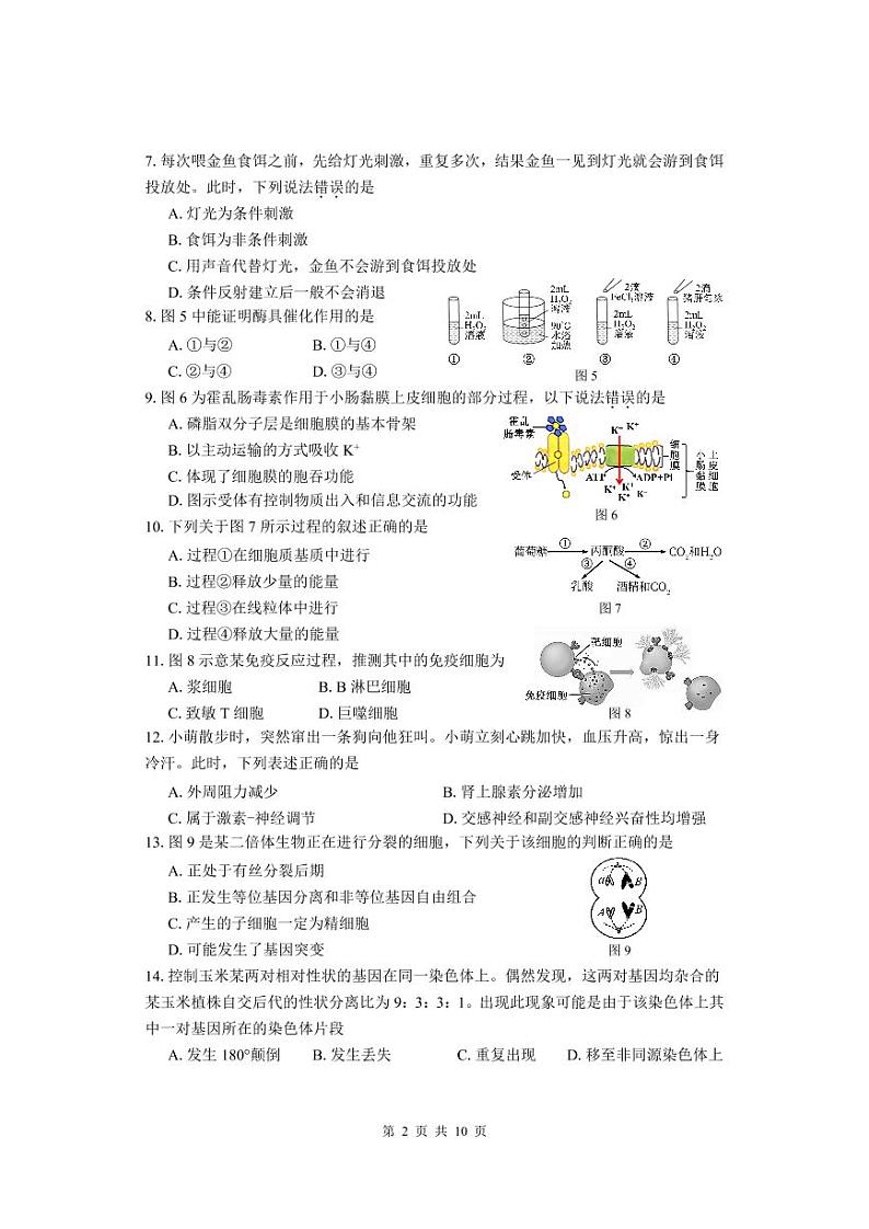 上海市2021届闵行区高考生物二模试卷含答案第2页