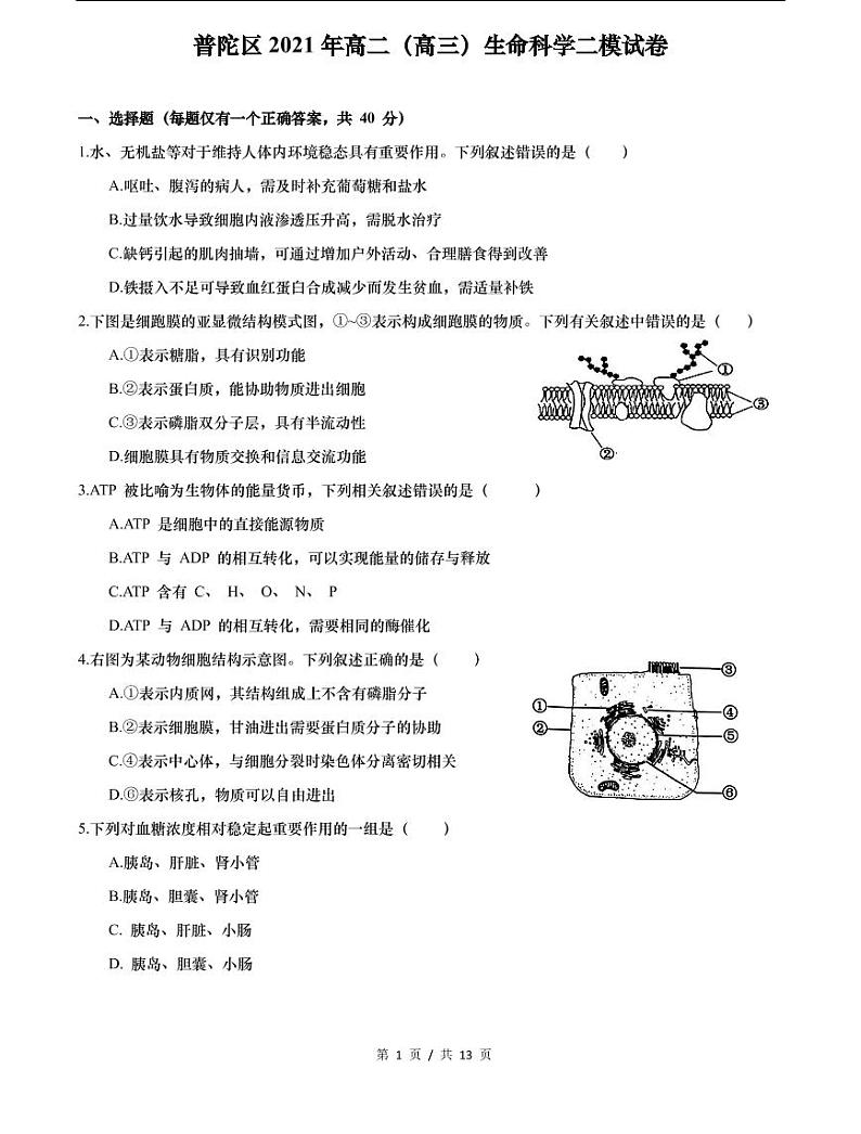 上海市2021届普陀区高考生物二模试卷含答案01
