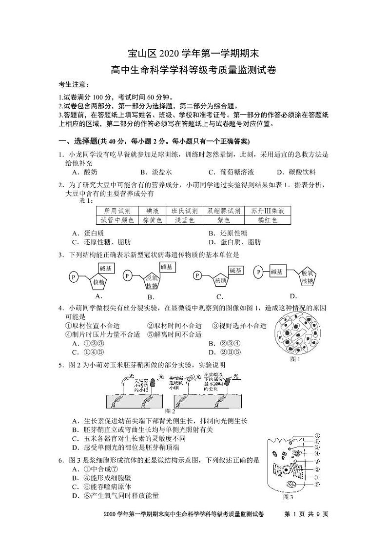 2020-2021学年上海市宝山区高中生物等级考一模卷含答案01