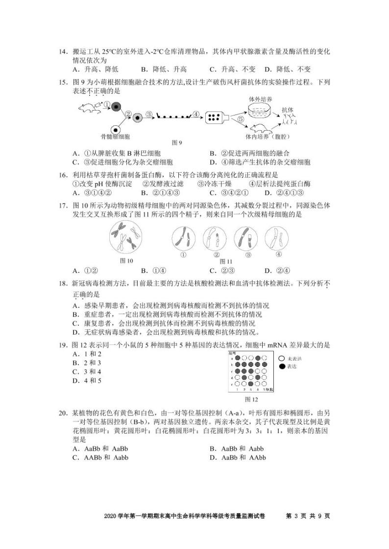 2020-2021学年上海市宝山区高中生物等级考一模卷含答案03